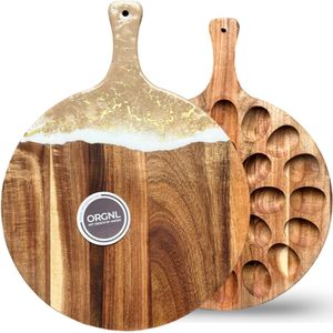 Borrelplank-eierplateau-eierplank-rond-dubbelzijdig-24gaten-hapjesplank-epoxy versiering-beige wit goud-ORGNL Art Design
