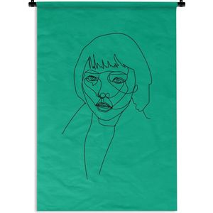 Wandkleed Line-art Vrouwengezicht - 10 - Line-art illustratie starende vrouw op een groene achtergrond Wandkleed katoen 60x90 cm - Wandtapijt met foto