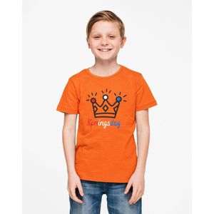 T-shirt kinderen glitter kroontje | Koningsdag kleding kinderen | Oranje | Kind 7-8 jaar | Maat 128