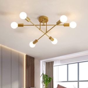 plafondlamp , 6 lampen, retro plafondlamp, 6 x E27-fitting, vintage , design, moderne kroonluchter, metaal, industriële plafondverlichting voor woonkamer, slaapkamer, eetkamer, restaurant, goud