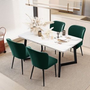 Sweiko Eettafel set, 117 x 68 x 75cm eettafel met 4 stoelen, moderne keuken eettafel set, groen fluweel eetkamerstoelen, kussens stoel ontwerp met rugleuning, wit MDF tafelblad, zwarte tafelpoten