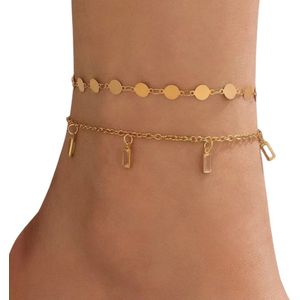 Set van 2 Enkelbandjes - Goudkleurig - 2 Stuks - Diamantjes & Rondjes - Enkelbanden - Enkel Sierraad - Cadeau Dames