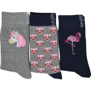 Meisjes sokken Emoji - 3 paar - unicorn, poezen en flamingo - 35/38