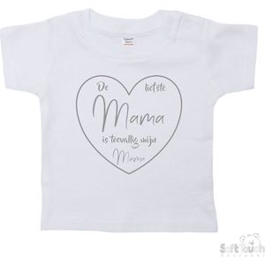 Soft Touch T-shirt Shirtje Korte mouw ""De liefste mama is toevallig mijn mama"" Unisex Katoen Wit/grijs Maat 62/68
