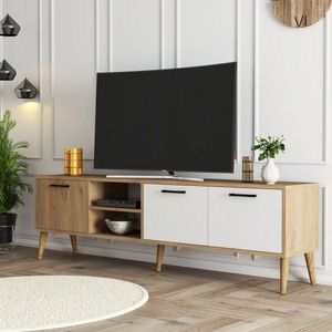 Modieus Eiken Wit TV-meubel | 100% Gemelamineerd | 18mm Dikte, Houten Poten | 180x53x35cm