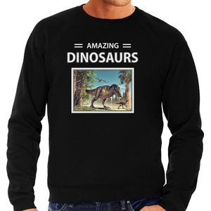 Dieren foto sweater T-rex dino - zwart - heren - amazing dinosaurs - cadeau trui Tyrannosaurus Rex dinosaurus liefhebber XXL