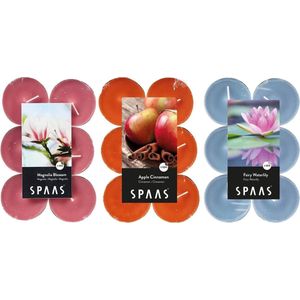 Candles by Spaas geurkaarsen - 36x stuks in 3 geuren Magnolia Flowers - Appel/Cinnamon - Waterlilly