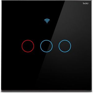 TechU™ Slimme Wandschakelaar 3 Knoppen – Wifi & App – Zwart – Alexa Amazon & Google Assistant – Hard glaspaneel – Waterdicht