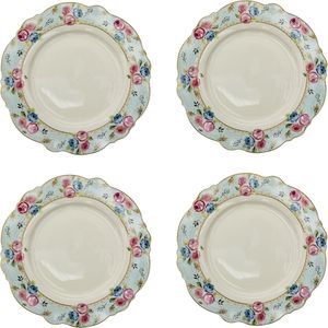 HAES DECO - Dinerborden set van 4 - Formaat Ø 28x2 cm - Kleur Blauw - Bedrukt Keramiek - Collectie: Fleur D'Amour - Servies, grote borden