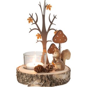 J-Line theelichthouder Eekhoorn/Boom - hout/metaal - naturel/oanje