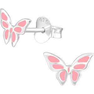 Joy|S - Zilveren roze vlinder oorbellen - 8 x 5 mm - oorknoppen voor kinderen