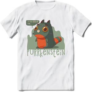 Monster van Purrkenstein T-Shirt Grappig | Dieren katten halloween Kleding Kado Heren / Dames | Animal Skateboard Cadeau shirt - Wit - S