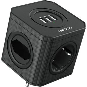 7-in-1 Verdeelstekker Cube 4-voudige Stopcontact Splitter met 3 USB poorten 4000W - Overspanningsbeveiliging - Zwart