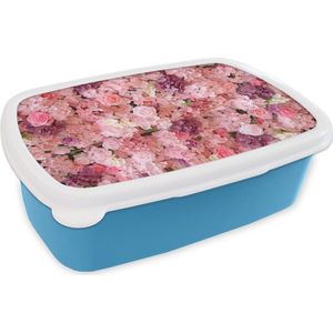 Broodtrommel Blauw - Lunchbox - Brooddoos - Bloemen - Roze - Rozen - 18x12x6 cm - Kinderen - Jongen