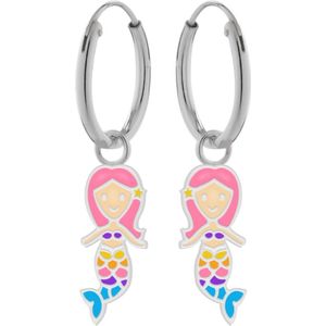 Oorbellen meisje | Zilveren kinderoorbellen | Zilveren oorringen met hanger, zeemeermin met roze haar en gekleurde staart