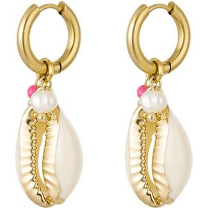 Joy Ibiza - schelp bedel oorbellen - oorringen - creme wit - roze kraaltje - wit pareltje - klap scharnier - ear party boho - bohemian style - stainless steel - ip/pvd goldplated