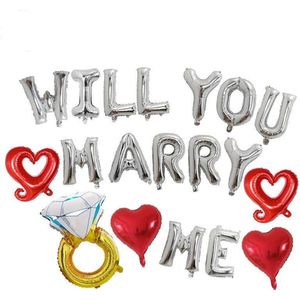 19-delige ballonnen set Will You Marry Me zilver met rood en goud - aanzoek - huwelijk - valentijn - liefde - trouwring - will you marry me