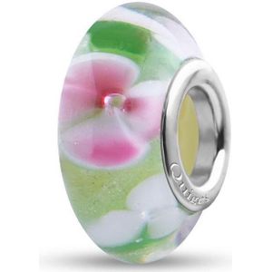 Quiges - Glazen - Kraal - Bedels - Beads Groen met Wit Roze Bloemen Past op alle bekende merken armband NG651