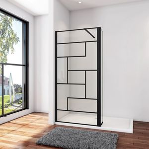 Inloopdouche 80x200cm met zwart deco,30x200cm draaibaar hoekprofiel + 90cm Stabilisatiestang,8mm NANO EasyClean veiligheidsglas