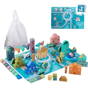 houten blokken stad - dubbelzijdige puzzelmat - 133 bouwblokken - verkeer