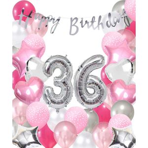 Snoes Ballonnen 36 Jaar Pink Blush Silver Mega Ballon - Compleet Feestpakket 36 Jaar - Verjaardag Versiering Slinger Happy Birthday – Folieballon – Latex Ballonnen - Helium Ballonnen - Zilver en Roze Verjaardag Decoratie