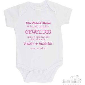100% katoenen Romper ""Lieve papa & mama ik hoorde dat jullie geweldig zijn en ben heel blij dat jullie mijn vader & moeder gaan worden!"" Meisjes Katoen Wit/roze Maat 62/68