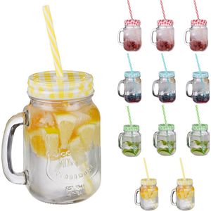 Relaxdays drinkglazen met deksel - set van 12 - mason jar - smoothie glazen - handvat