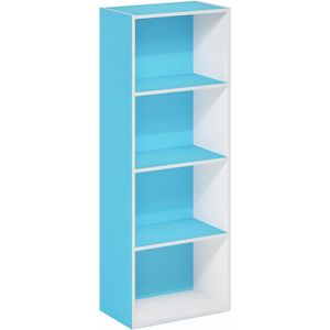 Moderne boekenkast met 4 lagen en open planken, in lichtblauw en wit