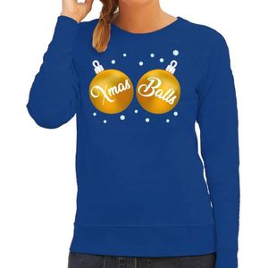 Foute kersttrui / sweater blauw met gouden Xmas Balls borsten voor dames - kerstkleding / christmas outfit M