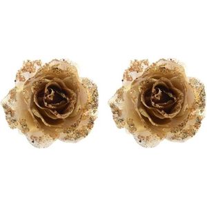 2x Gouden glitter roos met clip - Kerstversiering / boomversiering rozen
