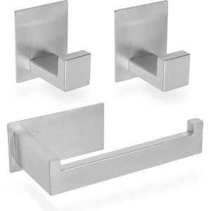 1 x toiletpapierhouder + 2 x handdoekhaken zonder boren, badkamerset zelfklevend geborsteld, badkameraccessoires - van roestvrij staal 304, handdoekhouder + toiletrolhouder