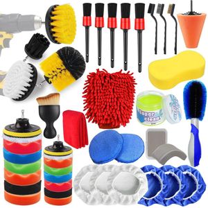Yumzeco 46-delige autoreinigingsborstelset, detailing reinigingsborstelset, velgenborstels voor auto's, autodetailingborstel, polijstpadset, reinigingsgel, staalborstel, washandschoen, polijstkegel