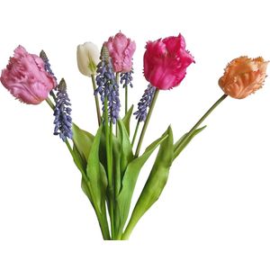 Viv! Home Luxuries - Tulpen boeket met blauwe druifjes - 8 stuks - kunststof bloem - 46cm - roze wit perzik blauw