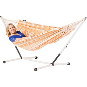 Luilak 1 persoons hangmat hangmat met metalen standaard - 100% Katoen - 300x140cm - 120kg draagkracht - binnen & buiten - Ecru, Oranje, Roze