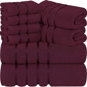 Utopia Towels - Bordeauxrode Handdoekenset 8 - Stukje, Viscose Streep Handdoeken - Ring Gesponnen Katoen - Sterk absorberende Handdoeken (Pakket van 8)