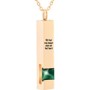 Luxe Ashanger | Met Ketting En Gravering | Uit Het Oog Maar Niet Uit Het Hart | Assieraad | Rosegoudkleurig Met Groene Steen | As Ketting | Gedenksieraad | Urn | Incl. As vuller