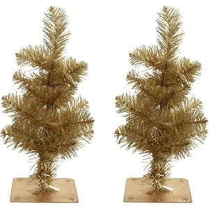 2x stuks gouden kunst kerstbomen 35 cm met 28 takjes en metalen voet - Miniboompjes / kleine kerstbomen