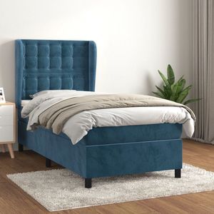 The Living Store Bed - Donkerblauw fluweel - 203 x 83 x 118/128 cm - Pocketvering matras - 80 x 200 x 20 cm - Huidvriendelijk topmatras - The Living Store