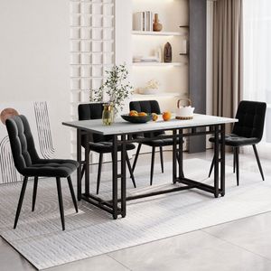 Zwarte eettafel met 4 stoelen set 140x80cm- moderne keuken eettafel set-zwart fluwelen eetkamerstoelen-zwarte ijzeren tafel