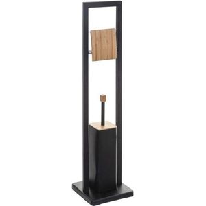 TOILETROLHOUDER STAAND METAAL MET BAMBOE ZWART + WC BORSTEL