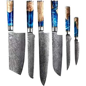 Shinrai Japan - Messenset - 6 delig - Koksmes - Japanse Messen - Mes - Damascus Epoxy Sapphire - Met Luxe Geschenkdoos
