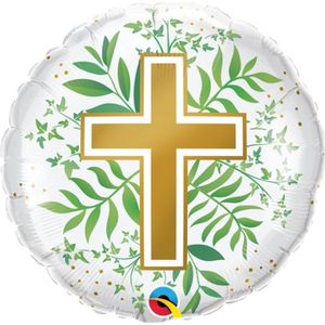 Folieballon met gouden kruis en groen gebladerte decor, 45cm / doop , Communie , Religieus evenement