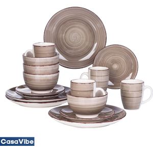 CasaVibe Luxe Serviesset – 16 delig – 4 persoons – Porselein - Bordenset – Dinner platen – Dessertborden - Kommen - Mokken - Set - Bruin