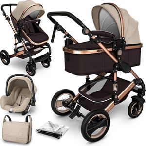 Kinderwagen 3 in 1 - met luiertas - Bruin/Goud