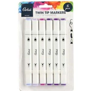 Artist - Stiften Paars - Twin Tip Markers - Duo Tip Markers - Alcohol Markers - Stiften Volwassenen - Markeerstiften - Kleur Stiften - Dikke Stiften - Fineliners - Kinderen - 6 kleuren