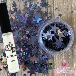 GetGlitterBaby® - Chunky Festival Glitters Sterretjes voor Lichaam en Gezicht Gel Glitterlijm Huid lijm / Face Body Glitter Jewels - Donker Zilver / Zwart + Glittergel Huidlijm
