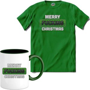 Merry f*cking christmas - T-Shirt met mok - Heren - Kelly Groen - Maat XL