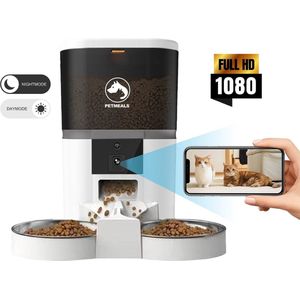 PetMeals.nl Automatische Voerbak Kat en Hond - Twee Voerbakken - met App en Camera - 6 L - Wit