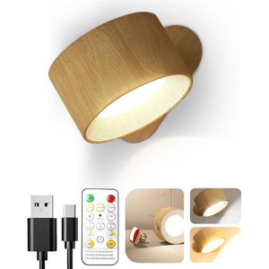 LUVIQ Oplaadbare Wandlamp - Wandlamp Binnen - Nachtlampje - Woonkamer - Slaapkamer - Kinderkamer - USB-C Oplaadbaar - Inclusief Afstandsbediening - Bruin Hout Kleur