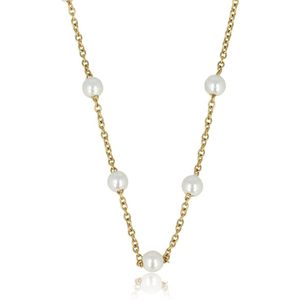 My Bendel Goudkleurige dunne schakelketting met witte parels - Fijne goudkleurige schakelketting met witte parels - Met luxe cadeauverpakking